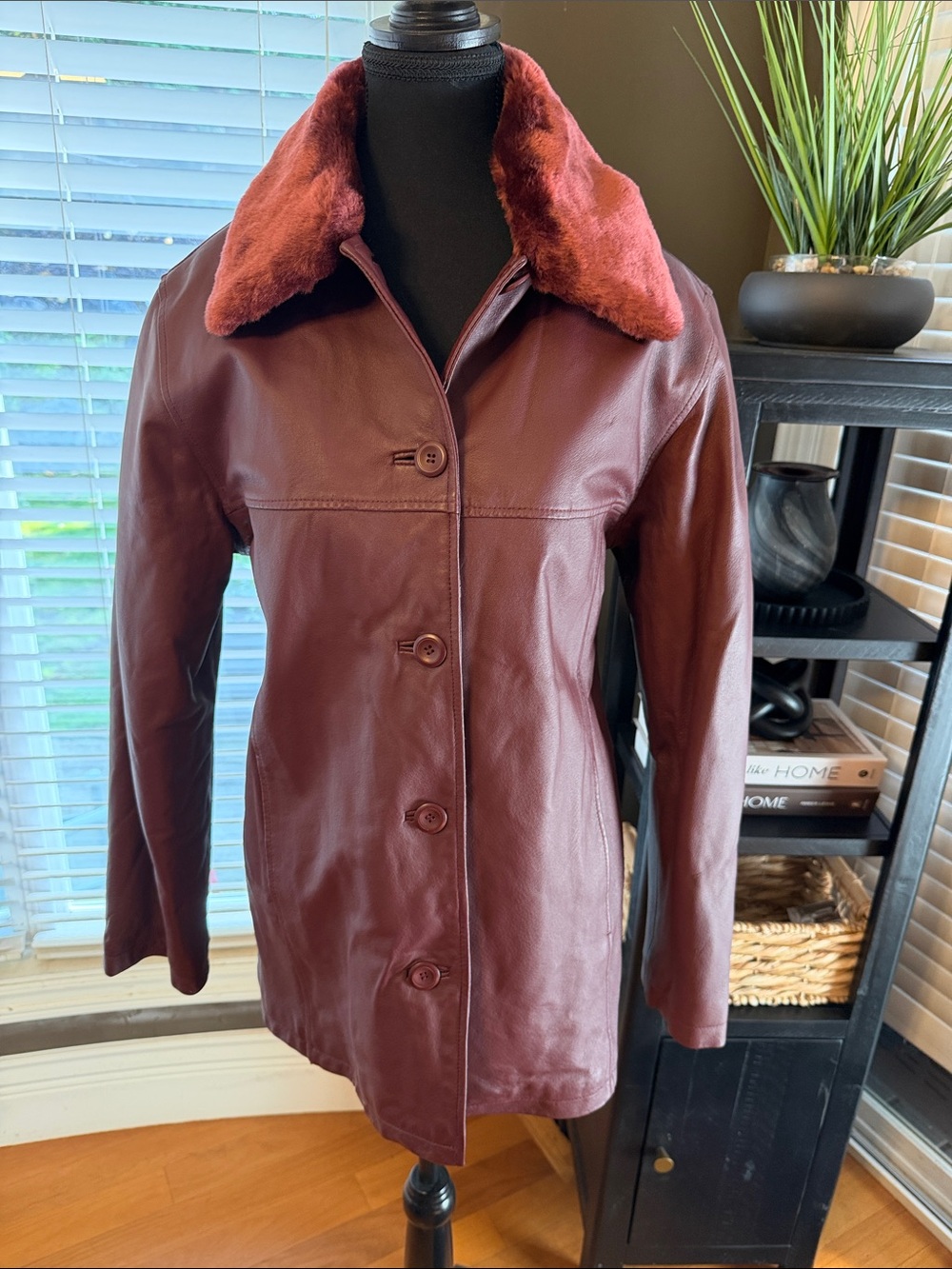Sequence Women’s Burgundy Genuine Leather Coat Removable Faux Fur Collar